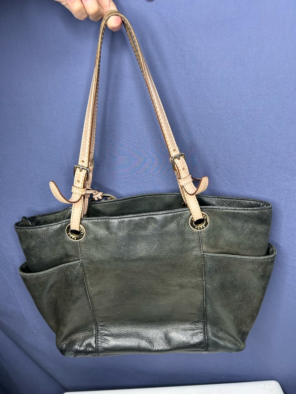 VTG MICHAEL Kors Black Leather FOOTED Shoulder Bag Purse Tan Straps